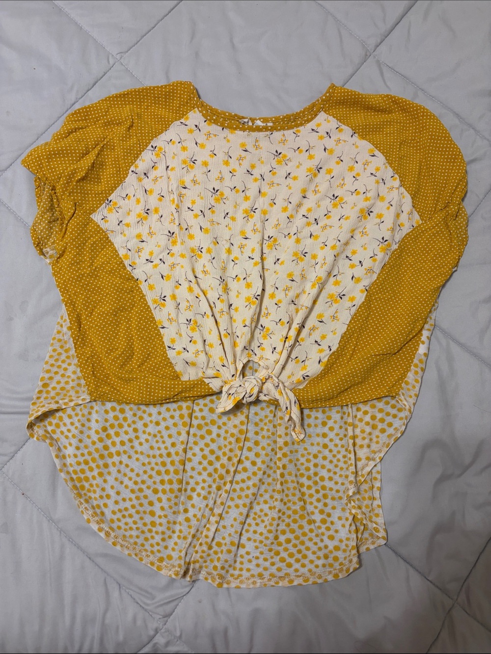 Yellow Floral & Polka Dot Tie-Front Raglan Blouse